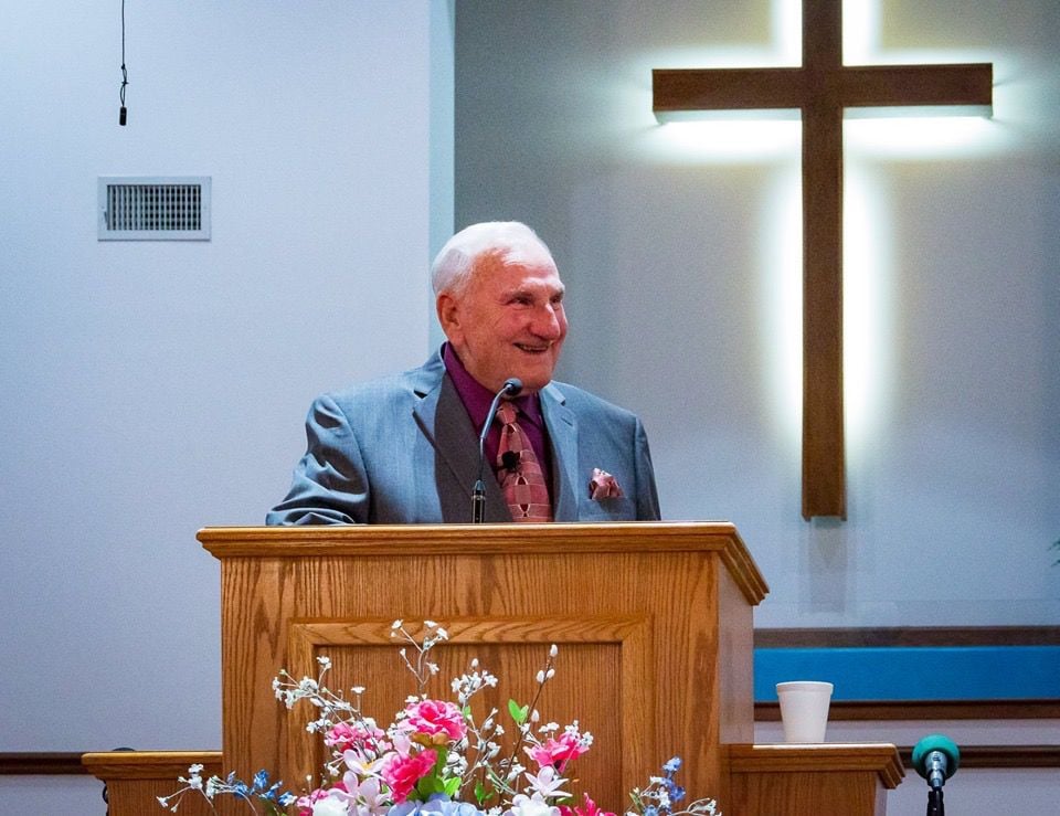 Curtis Barbery speaks from the pulpit at Crossroads Baptist Church